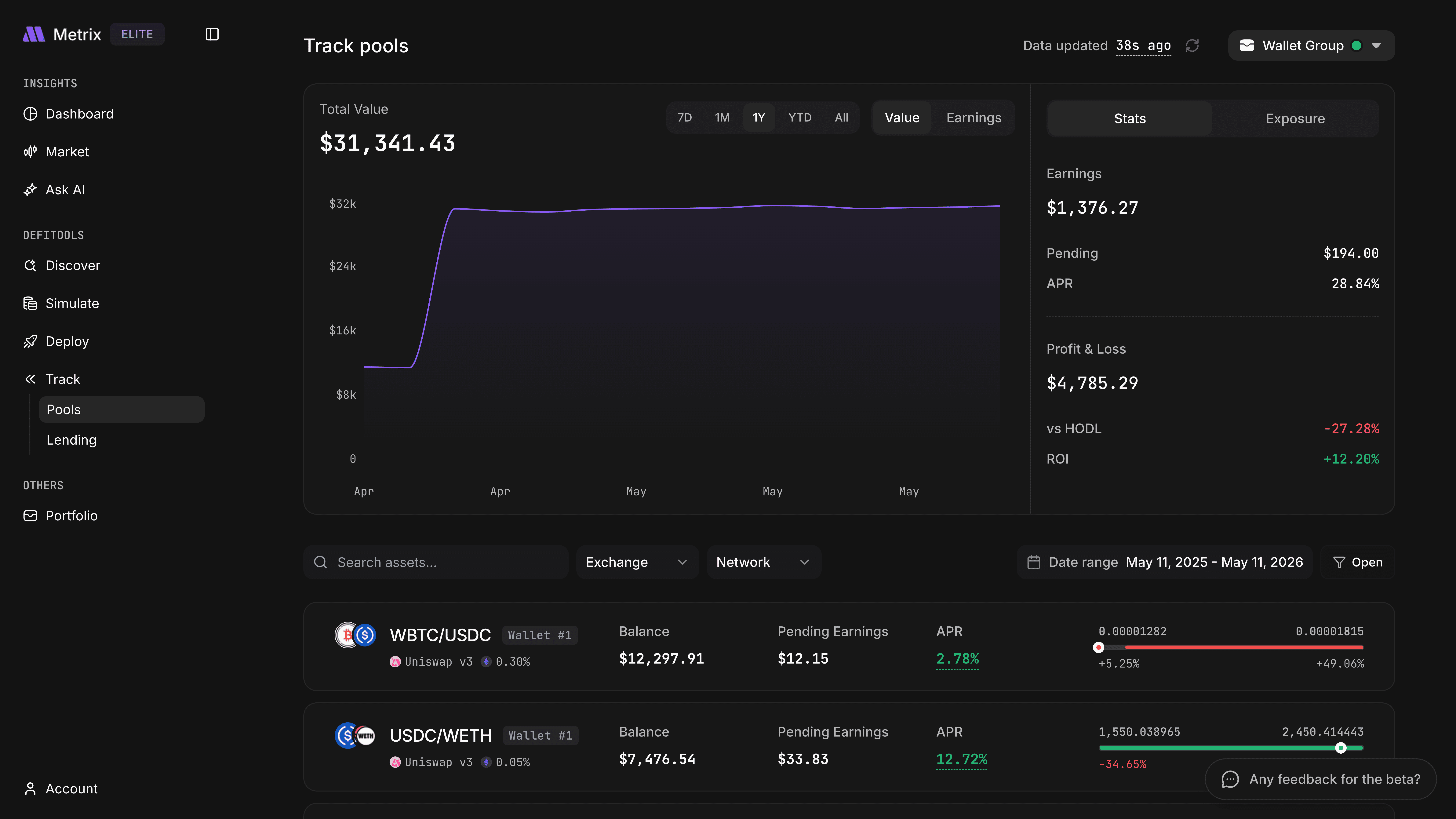 The Metrix Finance app tracking pools